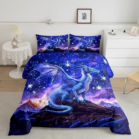 Homewish Dragon Comforter Set King Size,Starry Sky Mountains Bedding Set for Kids Girls Boys Room Decor,Blue Purple Western Magical Quilt Set 3Pcs,Wild Animal Trippy Duvet Insert,2 Pillowcases Cover