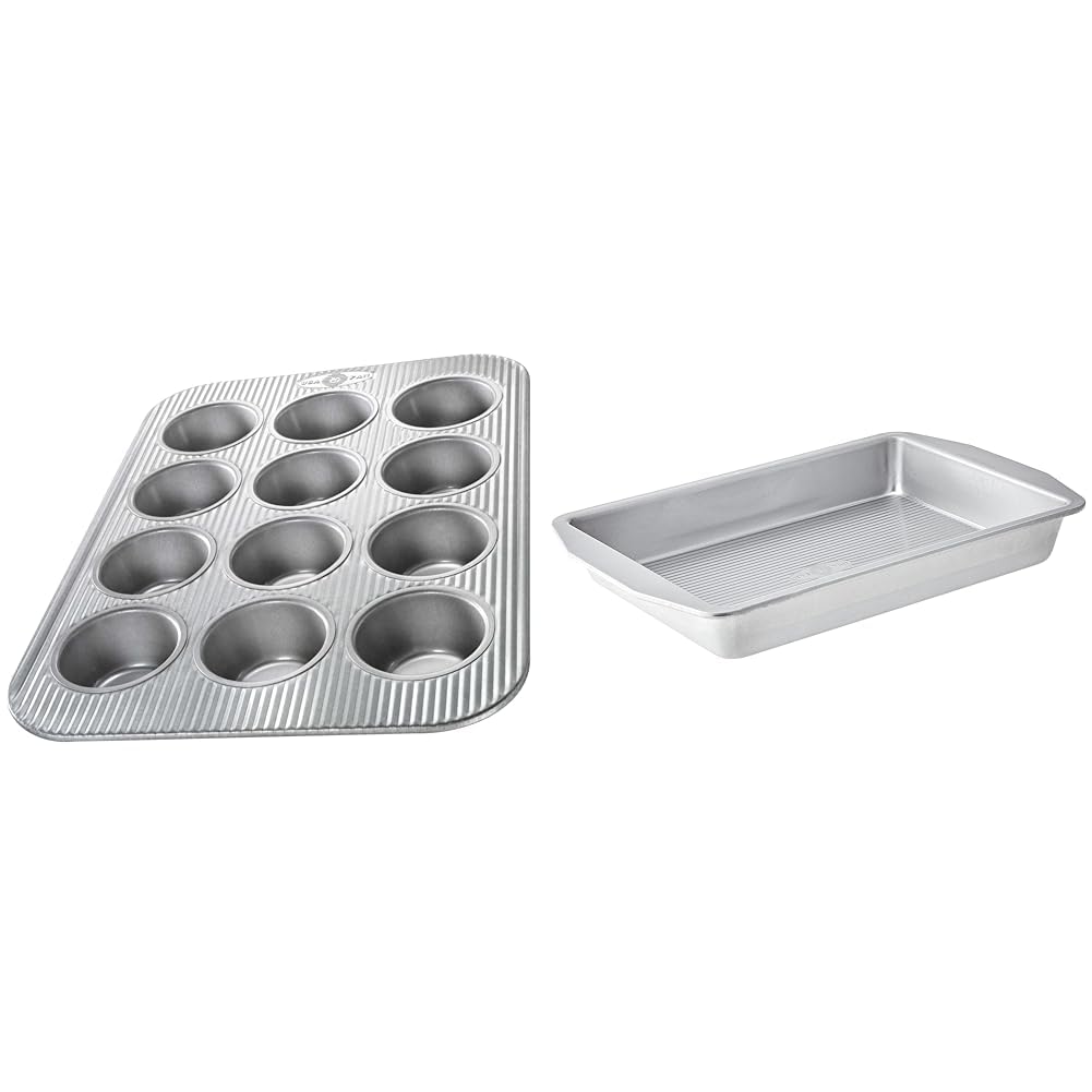 USA Pan Bakeware Muffin Pan, 12-Well, Aluminized Steel & American Bakeware Classics 9 x 13-Inch Rectangular Lasagna, Cake and Brownie Pan, Aluminized Steel, 9 x 13 Inch