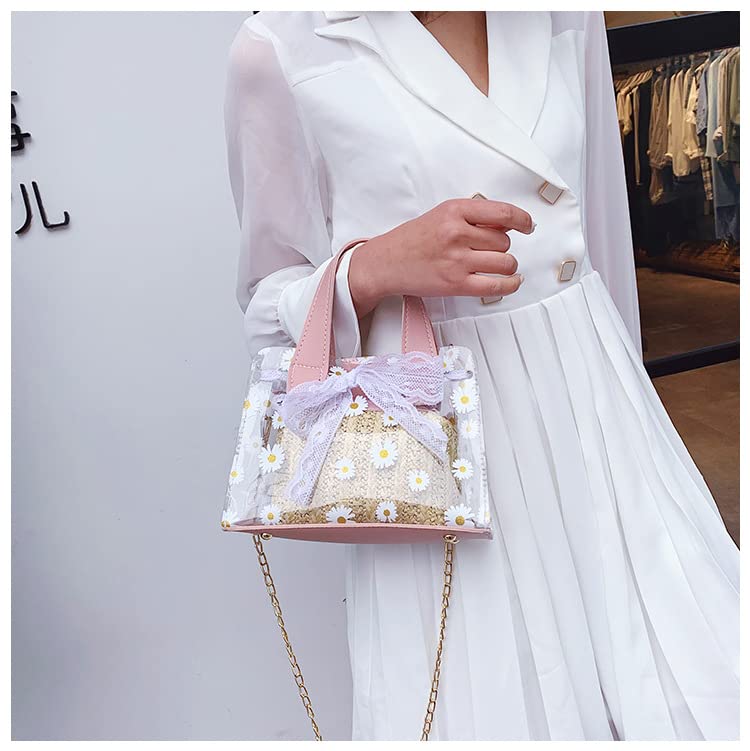 Sac de plage en paille imperméable et résistant au sable pour femme - Sac fourre-tout tissé en rotin transparent - Sac à main bohème, rose