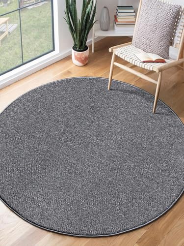 the carpet Natal Moderner einfarbiger Teppich Wohnzimmer, für die Küche geeignet, Tufting, robuster Kurzflor mit Filz-Rücken, weich & schmutzabweisend, Anthrazit, 80 cm Rund