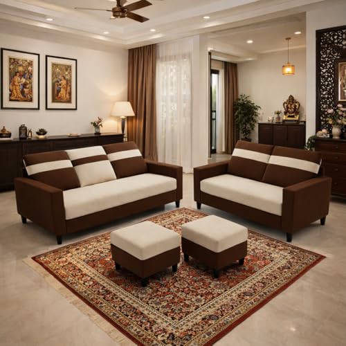 Image of CRAFTORA Heaven Dual Tone Plush Velvet 3 Seater + 2 Seater Sofa Set with 2 Ottoman | Silken Velvet Suede Upholstery | Designer Sofa for Living Room & Office Spaces (Dark Brown & Cream)