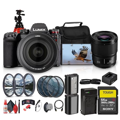 Panasonic LUMIX S1 II Mirrorless Camera | Full-Frame Professional Powerhouse with 6K Video & Dual Native ISO with 24-105mm f/4 Lens (DC-S1M2MK) + Lumix S 50mm f/1.8 Lens + 64GB Card + More