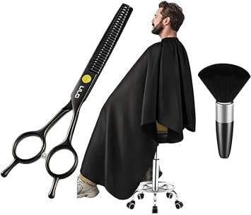 ULG Hair Cutting Thinning Scissors & Salon Barber Cape Set, Professional Japanese Stainless Steel 6.5 Shears & Waterproof Salon Barber Cape for Men, Women, Kids, Black