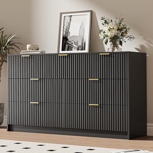 Image of MAISONARIA Black 7 Drawer Dresser for Bedroom, 55.9 inch Wide Modern Fluted Dresser with Gold Metal Handles, Wide Chest of Drawers for Bedroom, Living Room, Entryway, Hallway