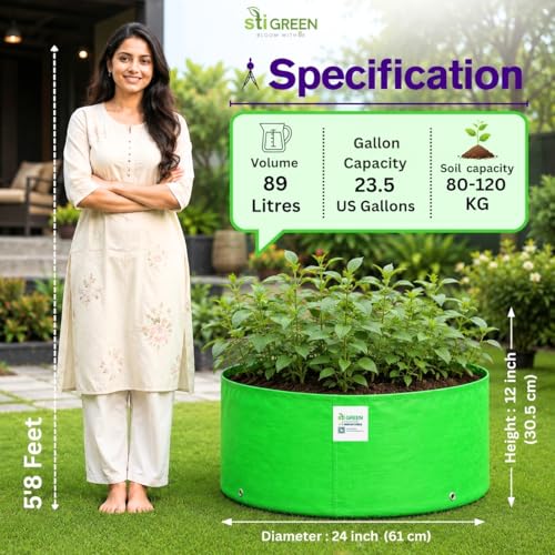 Image of HDPE Grow Bags for Plants 24X12 Inch (Pack of 15) | 260 GSM Heavy Duty UV-Protected Round Green Colour Plant Bags for Terrace and Vegetable Gardening | Strong & Reusable|