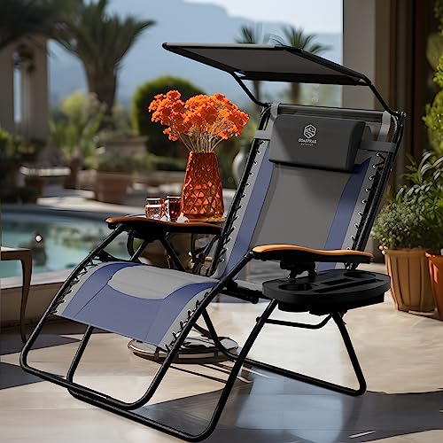 doubob Zero Gravity Chair Camping Recliner Folding Outdoor Patio Lawn Adjustable Lounge Chair with Canopy Shade, Headrest, Side Drink Tray Dark Blue - Image 6