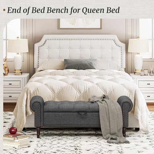 Storage Bench, 50” Queen Linen Tufted Button End of Bed Bench with Rolled Arm and Nailhead Trim, Upholstered Bedroom Bench, Ottoman Bench for End of Bed, Living Room, Entryway, Gray