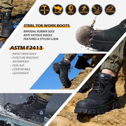 KELODON Waterproof Steel Toe Boots For Men 6 Inch Leather Steel Toe Shoes Non Slip Resistant Safety Work Boots Indestructible Lightweight Construction Boot3