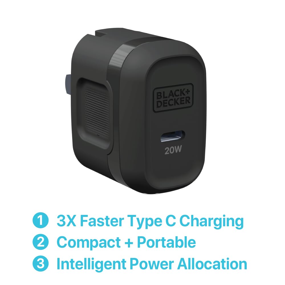 BLACK+DECKER GaN PD Wall Charger, 1-Port, 20W - USB Type C Wall Plug - Compact Power Block USB C - Type C Wall Charger Fast Charging - USB C Charger Block 20W - Perfect for Home, Office, Travel