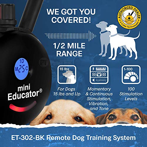 Image of Educator ET-302 Black Mini E Collar for Dog Training with Remote - 1 /2 Mile Range, Waterproof, 100 Blunt Stimulation Levels, Tone or Vibration Mode, Night Light for Small, Medium & Large Dogs (2 Dogs)
