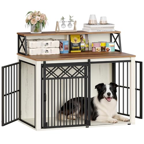 Hzuaneri-Hundekaefig-Moebel-mit-Lagerregal-Dreituerige-Hundebox-fuer-Zuhause-Indoor-Kennel-mit-Scheunentuer-Beistelltisch-Geeignet-fuer-MittlereGrosse-Hunde-100-x-60-x-86-cm-Weiss-Braun-DFC87414B - Sparfuchs24.io - Preisvergleich & Top Angebote Online