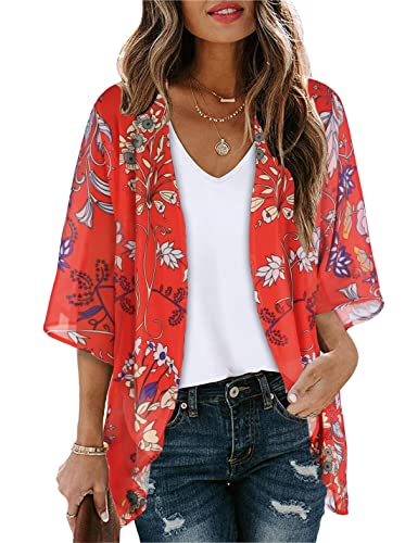 Omoone Women's Short Batwing Sleeve Floral Chiffon Cardigan Kimono Beachwear
