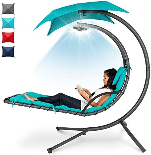 Best Choice Products Hanging LED-Lit Curved Chaise Lounge Chair Swing for Backyard, Patio, Lawn w/ 3 Light Settings, Weather-Resistant Pillow, Removable Canopy Shade, Steel Stand – Teal