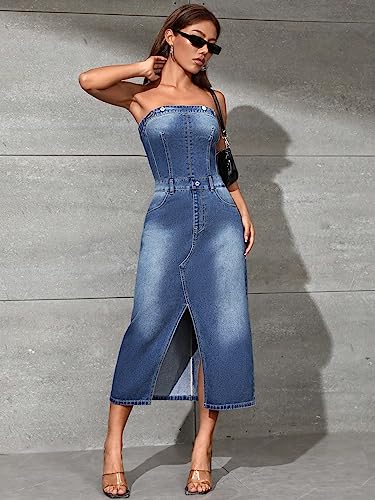 Image of WDIRARA Women's Strapless Tube Top Sleeveless Split Back Fitted Denim Midi Dress