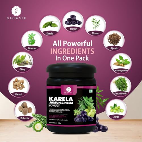 Image of GLOWSIK Karela Jamun Neem Powder with 11 Potent Herbs | Natural Sugar Management & Cholesterol Support | 100% Ayurvedic Detox Powder - 400 GMS