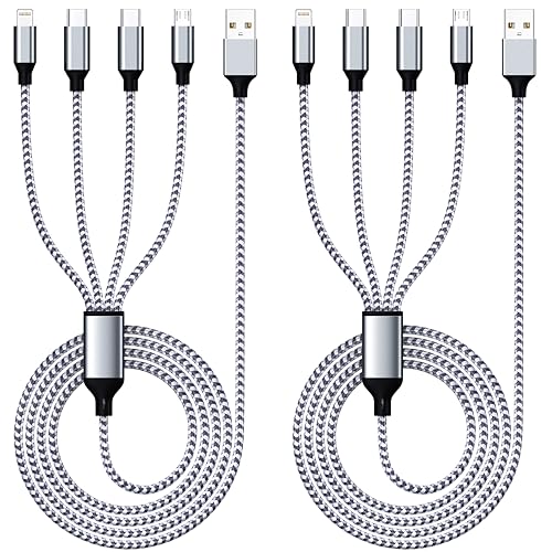Multi Charging Cable 4ft 2Pack, 4 in 1 Charging Cable Nylon Braided Lightning iPhone Charger,Universal Charger Phone Cord with Type-C,Micro USB,IP Port for iPhone17-5/Android -Silver White