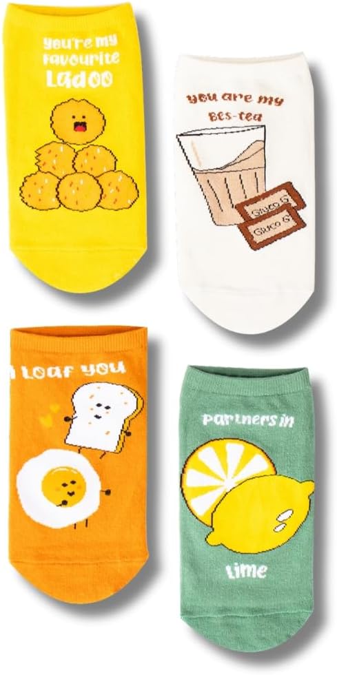 - Quirky Colourful Socks - 100% Combed Cotton Printed Funky Socks for Men & Women | Low Cut Ankle Length Socks | Odour Free, Breathable, Free Size | Pack of 4 Pairs