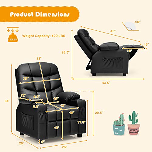 Image of Costzon Kids Recliner Chair with Cup Holder, Adjustable Leather Lounge Chair w /Footrest & Side Pockets for Children Boys Girls Room, Ergonomic Toddler Furniture Sofa, Kids Recliner (Black)
