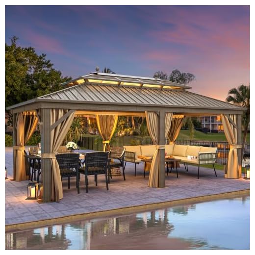 YITAHOME 12x20 ft Hardtop Gazebo with Nettings and Curtains, Outdoor Heavy Duty Aluminum Gazebo Combined of Horizontal and Vertical Stripes Roof for Patio, Backyard, Deck, Lawns and Balcony (Bronze)