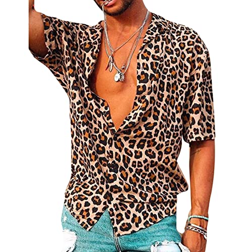 Camisas con Estampado de Leopardo para Hombre, Camisa Retro de Manga Corta con Botones
