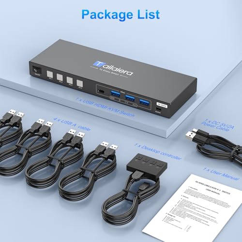 Image of HDMI KVM Switch 1 Monitors 4 Computers - 4K@60Hz 4 Port KVM Switch for 4 Computers,Kvm Switch 4 Computers with 4 USB 3.0 Ports Share Keyboard Mouse Printer with 4 USB Cables and Desktop Controller
