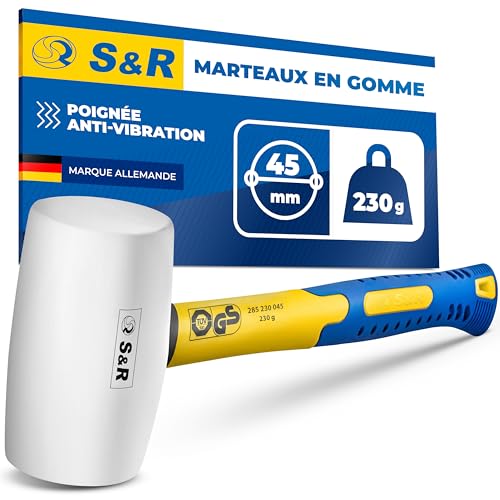 S&R Marteau Caoutchouc Blanc 45mm-230 Gr. Maillet en Caoutchouc sans rebonds professionnel manche en fibre de verre antidérapant. Marteau Carreleur pour Pavés, Carrelage, Camping. Certifié GS