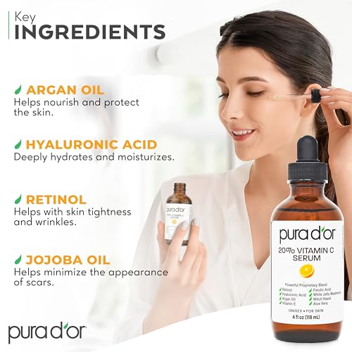 image for PURA D'OR 20% Vitamin C Facial Serum 4 Oz - Antioxidant Blend with Ret