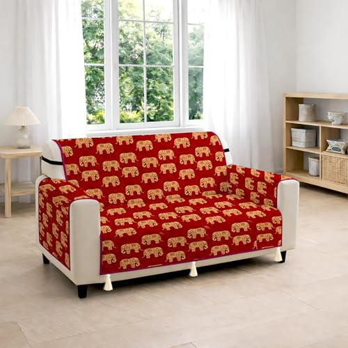 Image of Cloth Fusion 300 GSM Quilted Jaipuri Theme Printed 2 Seater Sofa Cover Mat-Style Fully Covered with Armrest Pockets, Adjustable Straps & Lock Fit (120 cm Seat Run, Elephant Block)
