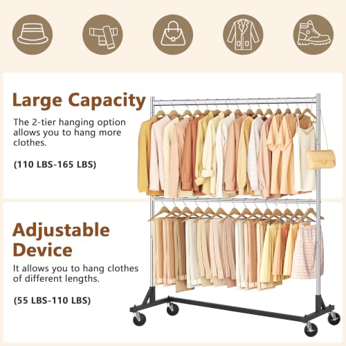 Image of Hoctieon Double Rod Z Rack, Set of 2,Rolling Clothes Racks with Z-Base, Adjustable Clothing Rack, Standing Clothes Rack, Metal Clothing Racks for Hanging Clothes, Portable Garment Rack, Chrome