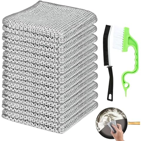 Hopgo 10 Pcs Multipurpose Wire Dish Cleaning Cloths, Microfiber Washcloth for Wet and Dry Dish, Double-Layer Non Scratch Kitchen Dish Rags with 2 Pcs Cleaning Brush Cover