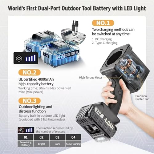 Image of Leaf Blower Cordless with 2x4.0 Ah Battery and Charger[Battery with Outdoor LED Light+Stepless Speed Control] 21V 180MPH Handheld Electric Leaf Blower for Patio & Garden Dust Leaves Cleaning (ブラック)
