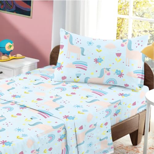 Salt Earth 100% Cotton 210TC Kids Bedsheet, Twin Sheets Set for Toddler Bed, 3 Piece Bedding Set Including Flat Sheet, Fitted Sheet, and Pillowcase, Themed Sheets for a Playful Kids Bed (Unicorn)