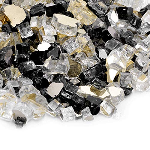 Skyflame 10-Pound Blended Fire Glass For Fire Pit Fireplace Landscaping - 1/2 Inch Reflective Tempered Fireglass Onyx Black, Platinum, Gold #TOP6