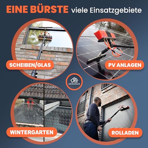 HEIMADLER Profi Teleskop Waschbürste mit Wasseranschluss 4,9m | Set für Wintergartenreinigung & PV-Anlage | Waschbürste mit Teleskopstiel & Stange | inkl. 10m Schlauch, Seifenspender & Abzieher