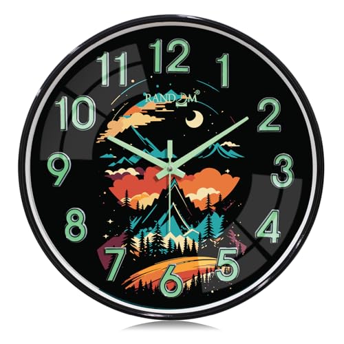 Image of RANDOM Glow in The Dark Wall Clock, Silent Non-Ticking, Mountain Landscape Design with Luminous Numbers, Black Frame, for Living Room Bedroom Office