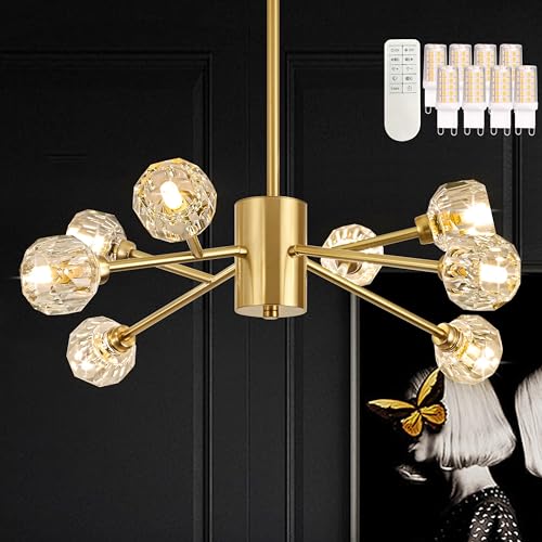 Bagood 27.5" Gold Crystal Sputnik Chandeliers 8-Light Mid Century Modern Crystal Pendant Light Branches Chandelier Contemporary Sputnik Light Fixture for Bedroom (Dimmable Bulb & Remote Incl.) by Bagood - Used condition - US$127.35