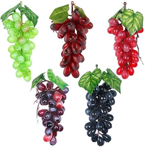 5 Pcs Artificial Grapes Faux Fruit, Fake Realistic Grapes Clusters Decor Plastic Grapes and Vines, Decorative Rubber Grapes Bunches in Black Purple Red Green Photography Bowl Prop Food Ornaments