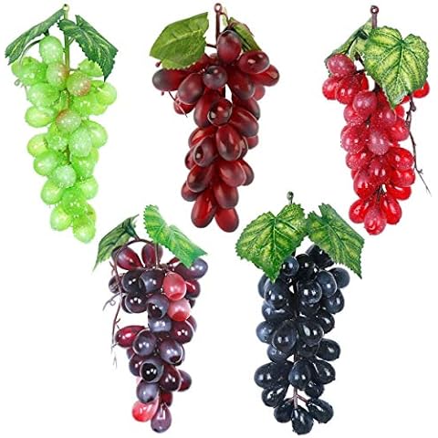 5 Pcs Artificial Grapes Faux Fruit, Fake Realistic Grapes Clusters Decor Plastic Grapes and Vines, Decorative Rubber Grapes Bunches in Black Purple Red Green Photography Bowl Prop Food Ornaments Cover