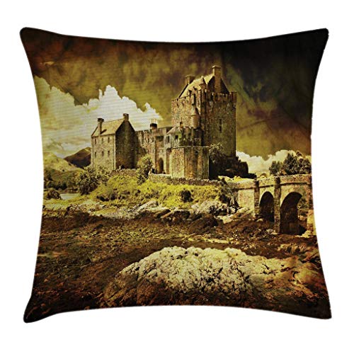 Ambesonne Medieval Throw Pillow Cushion Cover, Old Scottish Castle Vintage Style European Middle Age Culture Heritage Town Photo, Decorative Square Accent Pillow Case, 18" X 18", Sepia #TOP8