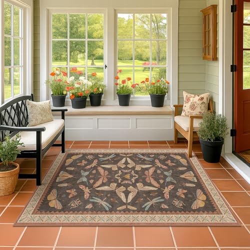 Brown Washable Area Rug for Living Room - 4x6 Large Entryway Rugs, Vintage Insect Soft Stain Resistant Carpet for Bedroom, Kitchen, Non Slip with Rubb