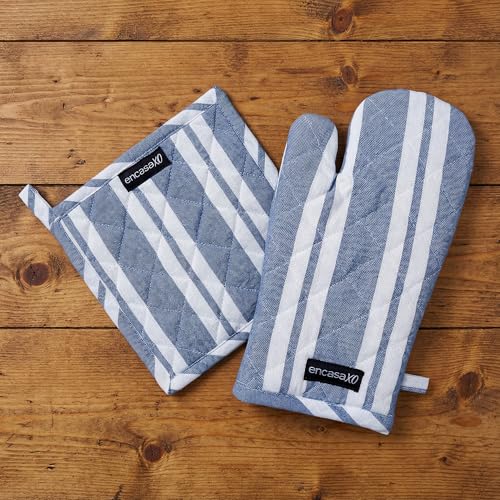 Image of Encasa XO Heat Resistant 100% Cotton Oven Glove & Potholder Set with Loop, Kitchen Cooking Mittens, Microwave Safe Hot Pads (Franca Blue Stripes)