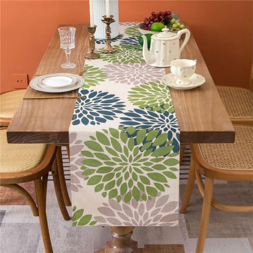 Camino de Mesa Verde Moderno Caminos de Mesa Boho Dalia Plantas Camino de Mesa Primavera Verano Lino Decoración de Mesas Cocina Comedor Salón Fiesta Boda 33x183cm