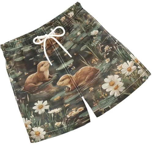 Pigsaly Boys' Swim Board Shorts Watercolor Flower Funny Brown Sea Otter Boy's Swim Trunks Kids Swimwear 3T