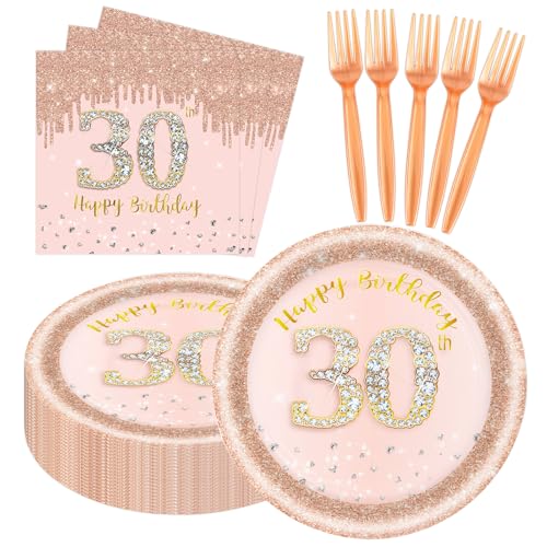60 PCS 30th Birthday Decorations for Women 30th Birthday Plates and Napkins Rose Gold Disposable Tableware Set Party Supplies for Women Cheers to 30 Years Anniversary (30TH)