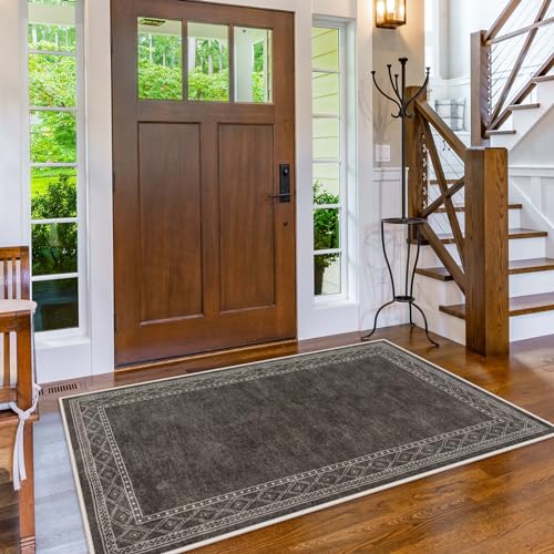 Image of Lahome Modern Bordered Machine Washable Rug, Ultra-Thin Soft 3x5 Rugs for Entryway Bedroom, Non-Slip Stain Resistant Small Carpet for Laundry Entry（3'x 5',Brown