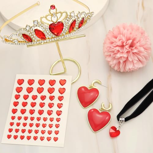 Aswitnove 4 Pcs Queen Costume Accessories Set with Hearts Golden Tiara Crown Black Choker Rhinestone Heart Face Stickers Red Heart Dangle Earrings for Women Halloween Valentine's Day Cosplay Red by Aswitnove - Used condition - Image 7