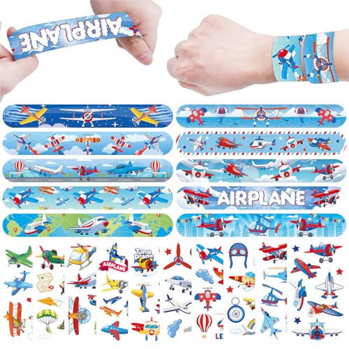 ENCETARDE Juego de 60 piezas de fiesta de avión, 30 tatuajes temporales, 30 pulseras de bofetadas, suministros de cumpleaños temáticos de avión, decoración de fiesta de avión, regalos de baby shower