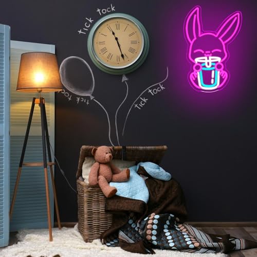 Image of Rabbit Drinking Milk Tea Neon Sign Easter Rabbit Neon Sign for Wall Decor Dimmable Led Pink Bunny Neon Lights USB Power Animal LED Sign for Home Decor for Bedroom Restaurant Easter Gifts