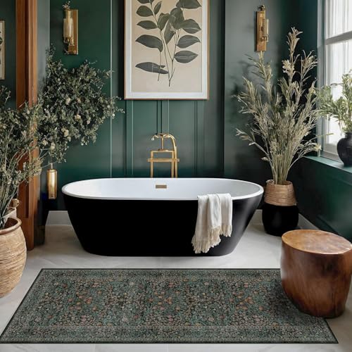 Dark Green 2x5 Runner Rug Non Slip Washable for Bathroom,