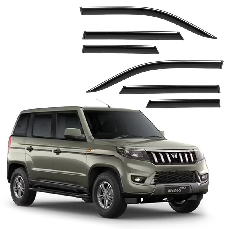 Image of CAR SAAZ Side Door Visors for Bolero NEO(2021-Present)(Set of 6Pcs)|Chrome Lined Rain Guards, Polycarbonate, Smoke Finish